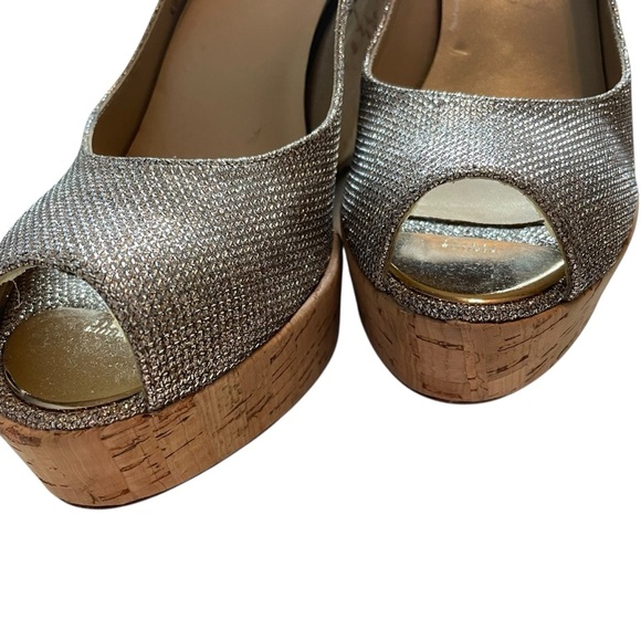 Stuart Weitzman Cork Wedge Peep Toe Glitter Heels 7.5 - Picture 10 of 13